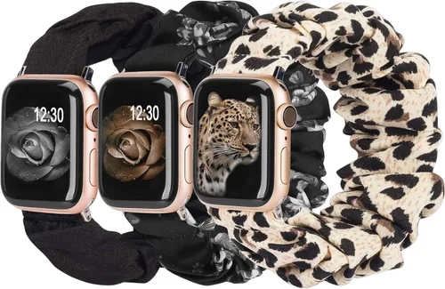 Miniatura 14 de TOYOUTHS - 3 paquetes compatibles con Apple Watch Band Scrunchies 1.496 in (38 mm) tela suave patrón impreso pulsera de tela para mujer iWatch