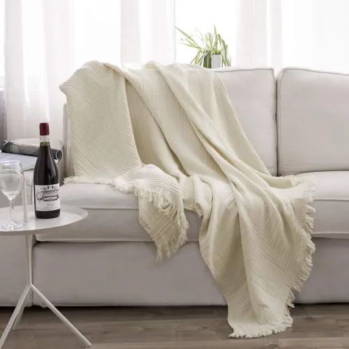 Miniatura 18 de Simple&Opulence Manta de muselina de algodón para cama, sofá, manta de gasa tejida de punto con borlas, suave, ligera, acogedora, prelavada