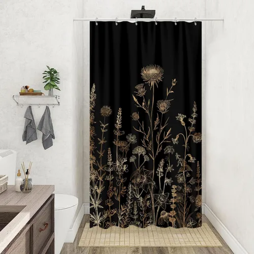 Miniatura 20 de Cortina de ducha de mariposa floral negra y dorada, cortina de ducha bohemia con diseño botánico de flores oscuras para baño con gancho, juego