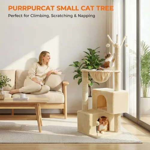Miniatura 2 de Árbol para gatos de 45 pulgadas para gatos de interior, torre compacta para gatos con 2 condominios, cama hamaca y 5 juguetes de bola colgantes