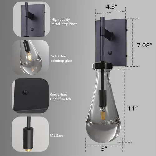 Miniatura 3 de HuisMier Apliques de Pared Negros, Apliques de Gota de Lluvia Iluminación de Pared con Botón Interruptor de Encendido/Apagado, Luminarias Modernas