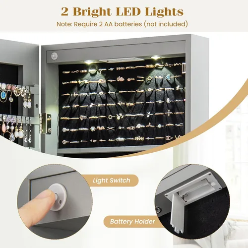 Miniatura 76 de Giantex Armario de joyería para puerta de pared con espejo de longitud completa, 2 LED con cerradura grande organizador de joyas con espejo ancho