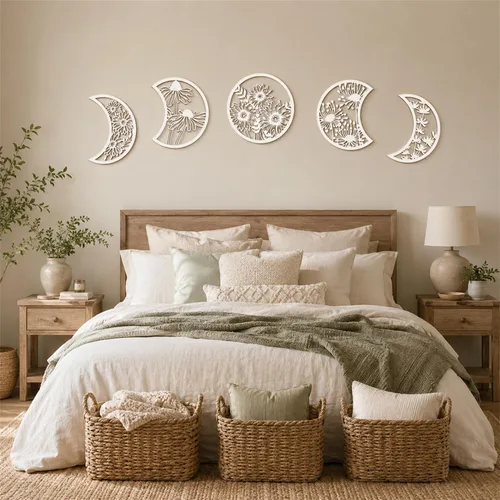 Miniatura 7 de Jetec 5 piezas de decoración de pared de fase lunar sobre la cama, 10.6 pulgadas de alto, estilo bohemio, fase lunar, adorno de pared de madera