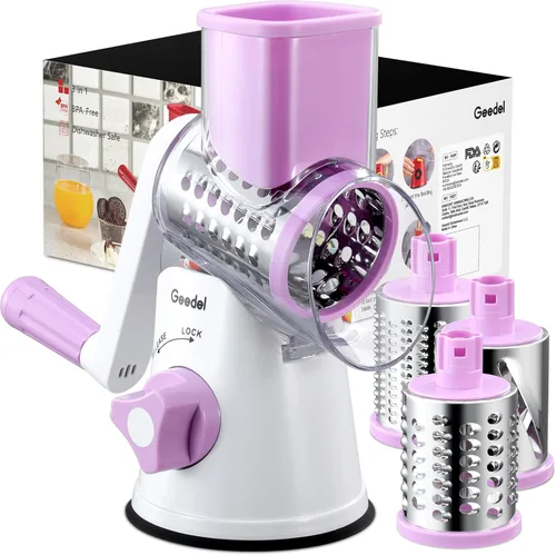 Rallador de queso giratorio Geedel, rallador de mandolina de cocina para vegetales con 3 cuchillas intercambiables, rallador giratorio fácil de
