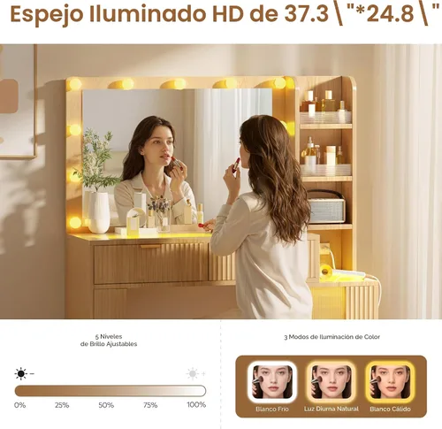 Miniatura 2 de Escritorio de maquillaje estriado de 47 pulgadas con espejo grande de 36 pulgadas y bombillas de Hollywood, luces RGB inteligentes, tocador