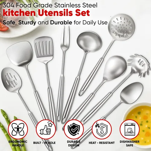 Miniatura 4 de Newness 9 piezas de juego de utensilios de cocina, juego de utensilios de cocina de acero inoxidable 304, accesorios de cocina de metal, incluye