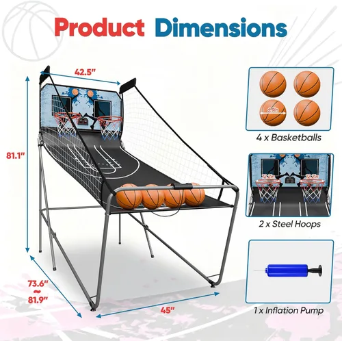 Miniatura 5 de Nova Microdermabrasion Juego de arcade de baloncesto plegable para interior, tiro doble, 2 jugadores con 4 bolas, marcador electrónico y bomba