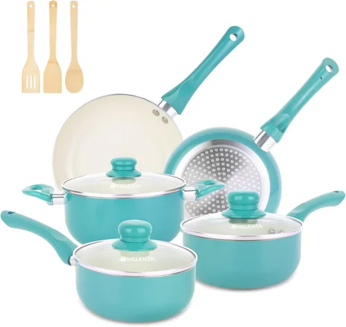 Miniatura 8 de M MELENTA Juego de ollas y sartenes antiadherentes, juego de utensilios de cocina de cerámica rosa, utensilios de cocina de inducción de 11 piezas
