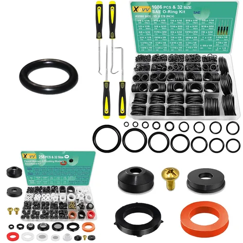 XBVV Kit surtido de 1086 piezas de 32 tamaños SAE y 258 arandelas de grifo y arandelas de goma de fontanería para reparación de sellado hidráulico