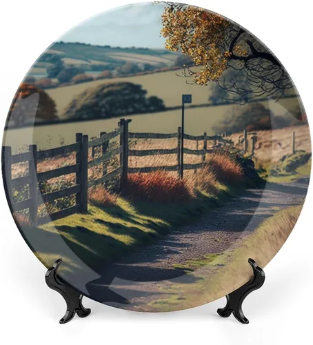 Platos decorativos de pintura de paisaje de árboles de montaña otoñal, platos decorativos para decoración del hogar, platos de cena de temporada de
