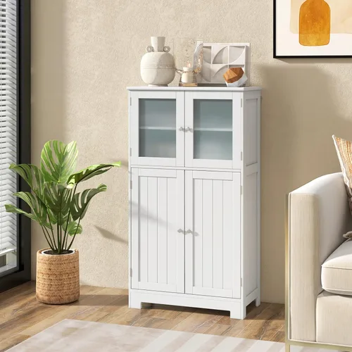 Miniatura 2 de Giantex Armario de almacenamiento con puertas – Armario de piso de baño, armario alto independiente con 2 puertas de vidrio templado, estante Blanco