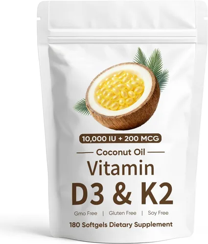 Naturals D3 K2, Vitamina D3 10000 UI + K2 200 MCG, Vitamina D3 y K2 Cápsulas blandas de aceite de coco para hueso, salud inmunológica, aumenta la