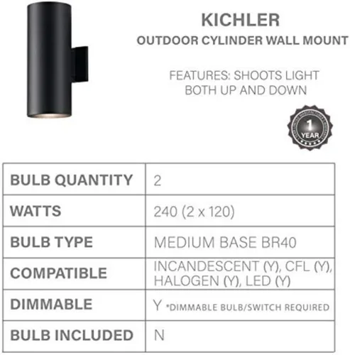 Miniatura 3 de Kichler Cilindros - Aplique de pared cilíndrica para exteriores con 2 luces de 15 pulgadas, color negro
