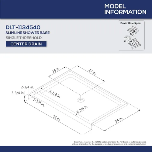 Miniatura 2 de DreamLine SlimLine DLT-1134540-22 - Base de ducha de drenaje central de 34 pulgadas de profundidad x 54 pulgadas de ancho x 2 3/4 pulgadas de alto