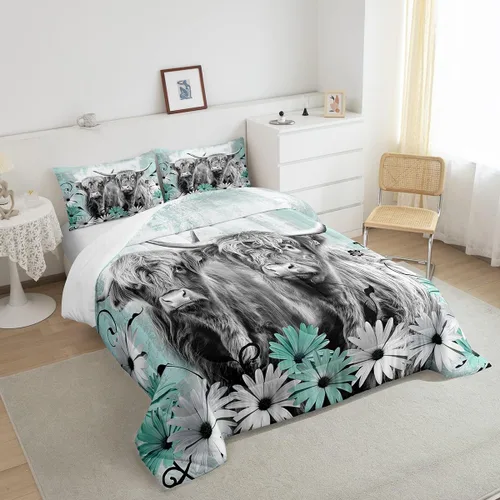 Miniatura 2 de Erosebridal Highland Cow - Juego de edredón tamaño matrimonial, juego de ropa de cama de toro de cuerno largo occidental para niños y adultos, Verde