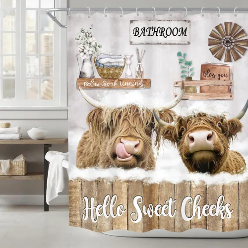 Miniatura 10 de Western Highland Cow Shower Curtain 60Wx72H Inches Farmhouse Southwest Cowboy Cattle Sun and Moon Rustic Cute Animal Beige Cactus Retro Fabric