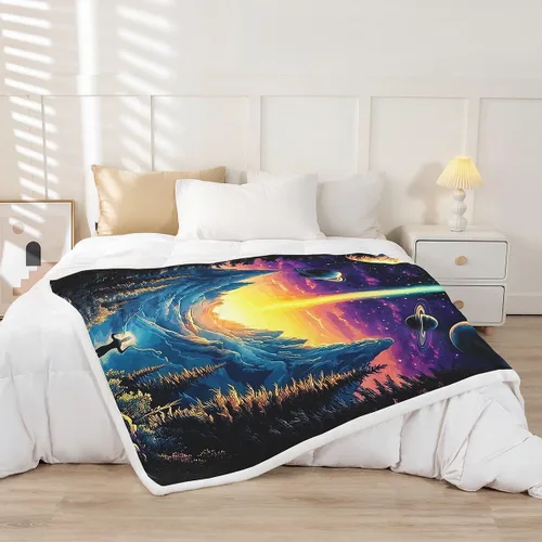 Miniatura 2 de Manta de franela de alienígena, misteriosa nave espacial estrellada con purpurina y planetas de cielo para decoración de habitaciones, manta