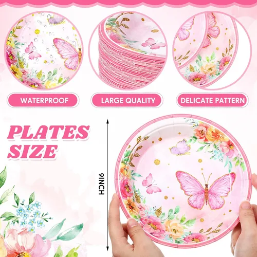 Miniatura 2 de Zopeal 60 platos de papel de mariposa primaveral a granel de 9 pulgadas con flores rosas florales desechables para tartas de postre, decorativos