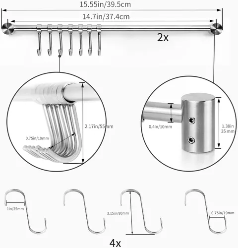 Miniatura 6 de Audmore Estante para utensilios de cocina, 2 unidades, ollas y sartenes de 15.6 pulgadas, estante colgante de pared, tapa de acero inoxidable 304, 7