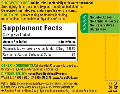 Miniatura 5 de Nature Made Vitamina B-6 100 mg comprimidos 100 ea (paquete de 4)