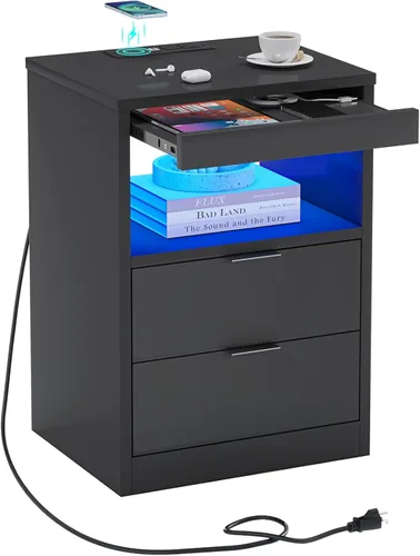 ADORNEVE Mesita de noche LED negra con estación de carga inalámbrica, 2 cajones, moderna mesa auxiliar de dormitorio con luces LED, mesa de noche de