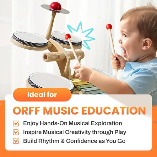 Miniatura 2 de iPlay, iLearn Juego de Batería de Madera para Niños Pequeños, Juguete de Instrumentos Musicales para Niños, Juego de Batería de Percusión 8 en 1