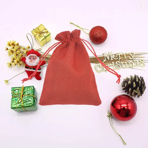 Miniatura 6 de 50 bolsas de regalo de arpillera de 5 x 7 pulgadas, bolsas de lino rojo con cordón de Navidad, bolsas de yute para joyas, bolsas de recuerdos