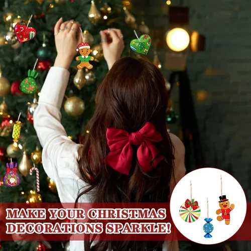 Miniatura 4 de Soaoo 100 Piezas Adornos Colgantes de Caramelo de Menta de Navidad Adornos de Madera para Árbol de Navidad Conjunto Piruleta Pan de Jengibre Bastón