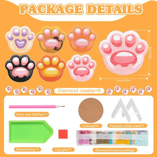 Miniatura 2 de MVVMTOP 6 posavasos de pintura de diamantes con soporte dimensional, formas especiales de bricolaje con forma especial de pata de gato, kits de arte