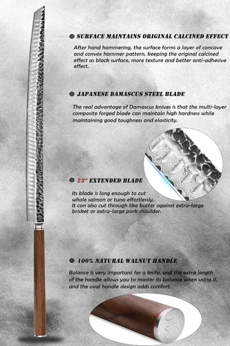 Miniatura 3 de YOUSUNLONG Cuchillo Sakimaru de 23 pulgadas Ultra Yanagiba - Hoja de Acero Damasco Martillado Japonés - Rebanador de Chef Adecuado para Cortar Atún