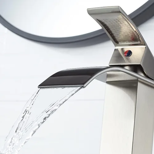 Miniatura 6 de VOTON - Grifo de fregadero de níquel cepillado moderno alto con cascada para fregadero de baño, con desagüe desplegable, grifo de baño de una sola