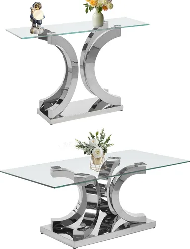 Miniatura 37 de SSLine Mesa auxiliar de cristal de lujo para sala de estar, mesa auxiliar moderna dorada con base de pedestal de acero inoxidable en forma de flor