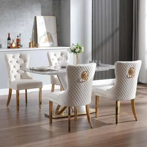 Miniatura 4 de KCC Juego de 4 sillas de comedor tapizadas en terciopelo, sillas modernas capitoné con tirador de anillo con cabeza de león y patas de acero Piernas