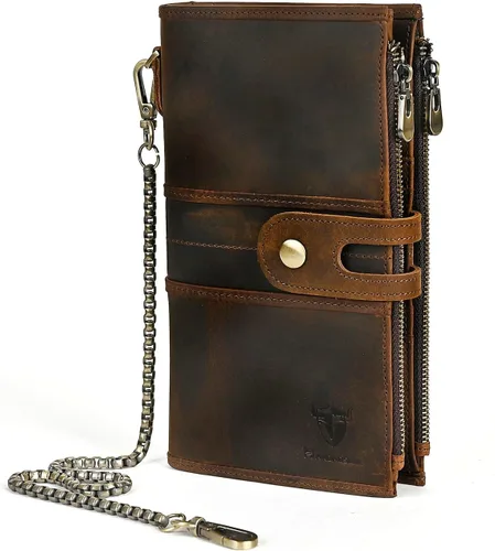 Miniatura 29 de Genuino Caballo Loco Cuero Regalo de Viaje Moneda Bolsillo Tarjetero Organizador Largo Cadena Rfid Cartera Monedero Con Broche Para Hombres Hombres