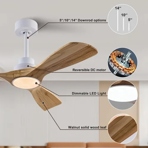 Miniatura 5 de QUTWOB Ventilador de techo de madera de 42 pulgadas con luces y control remoto, motor DC silencioso de 3 aspas, ventiladores de techo para patio
