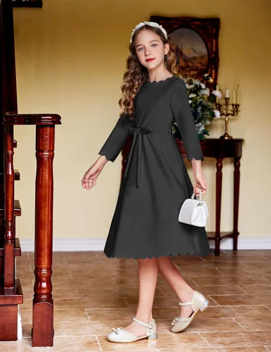 Miniatura 3 de Arshiner Vestido de fiesta para niñas con ribete festoneado, cinturón, acampanado, formal, por debajo de la rodilla, con bolsillos, para 6-15 años