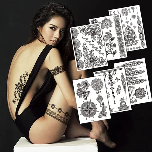 Miniatura 9 de 6 hojas de tatuajes temporales de henna negra para mujeres y niñas, calcomanías de tatuaje falsas de encaje, misterioso, sexy, mandala, flor, diseño