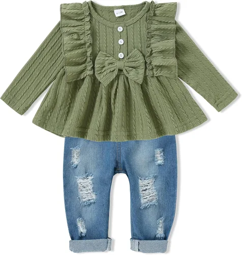SANMIO Conjunto de ropa para niña, lindo conjunto de camiseta floral con mangas con volantes y pantalones de mezclilla rasgados