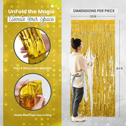 Miniatura 2 de RFAQK Paquete de 5 cortinas de flecos de papel de aluminio dorado de 3.3 x 8.2 pies para decoraciones de fiesta de cumpleaños, telón de fondo dorado