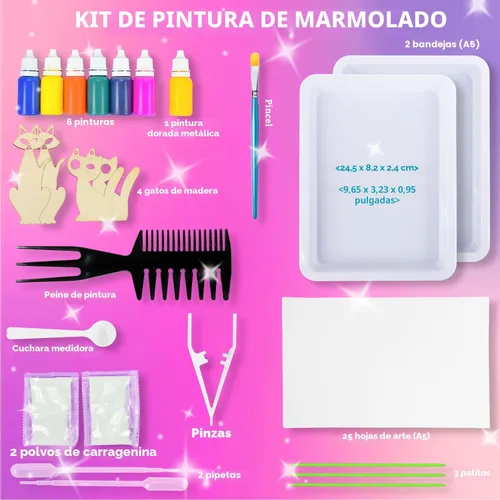 Miniatura 7 de MOMUSE Kit de arte de pintura de mármol para niños con bandejas dobles, toxicología pasada, kit de pintura de mármol de agua dorado metálico, kits