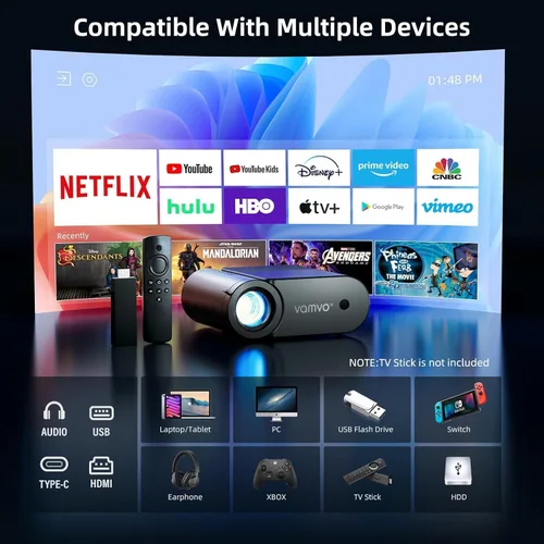 Miniatura 3 de vamvo Proyector portátil WiFi Videoproyector 1080P 200" Proyector de película portátil, proyectores para exteriores con diseño elegante