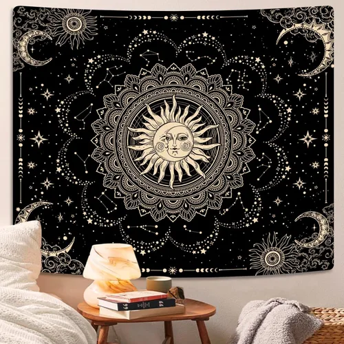 Miniatura 2 de ARTCREATOR Tapiz de sol y luna, tapices de mandala negro dorado para colgar en la pared, decoración bohemia hippie para dormitorio, sala de estar