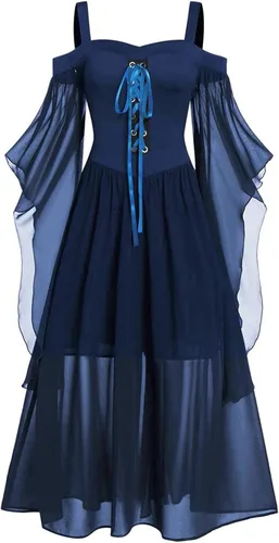 Vestido gótico renacentista para mujer, disfraz de Halloween, hombros descubiertos, encaje, manga trompeta, vestido medieval steampunk 04-navy