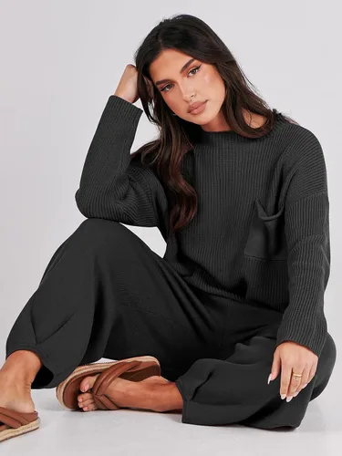 Miniatura 5 de Prinbara Conjunto de 2 piezas para mujer, suéter de punto para otoño, pantalones de gran tamaño, conjunto casual de descanso
