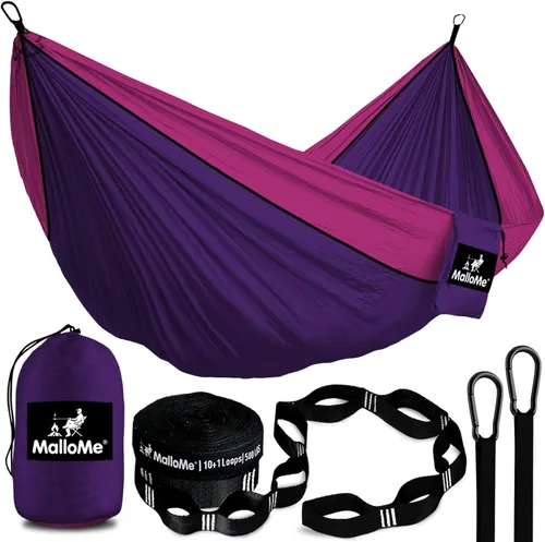 Miniatura 10 de Hamaca MalloMe para una o dos personas, para camping, set de hamaca colgante con 3 correas para árbol, hecha de nailon, es ligera, capacidad para 2