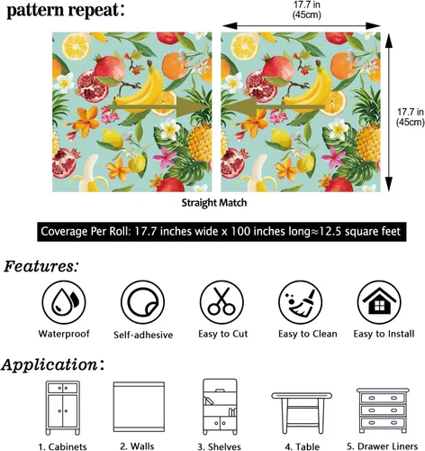 Miniatura 9 de CHIHUT Papel tapiz autoadhesivo de 17.7 x 100 pulgadas, papel de contacto extraíble con frutas tropicales, limón, cítricos, floral, granada