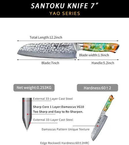 Miniatura 4 de Cuchillo Santoku de 7" - Cuchillo de chef japonés - Acero de Damasco martillado y mango de resina - Serie YAO
