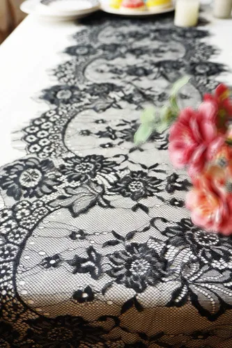 Letjolt Camino de mesa de encaje negro de 14 x 120 pulgadas con decoración bordada, blondas para fiesta, suministros vintage, pieza central temática