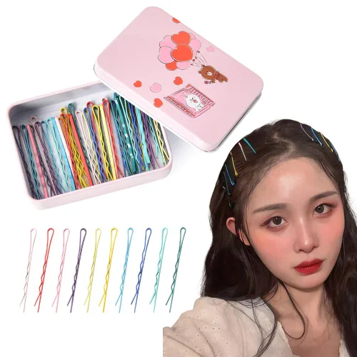 50 horquillas Bobby para mujer, cabello grueso y fino con pasador de dibujos animados, caja de almacenamiento, horquillas para el cabello para