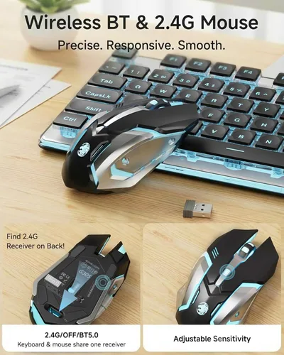 Miniatura 5 de SEUNKWANG EWEADN V3 Combo de Teclado y Mouse Inalámbrico con Retroiluminación Azul, Panel Metálico, Teclado y Mouse de Computadora Recargable Negro